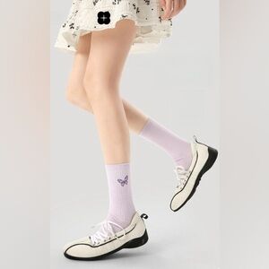 2 pairs - Lilac Ribbed Socks with Embroidered Butterfly